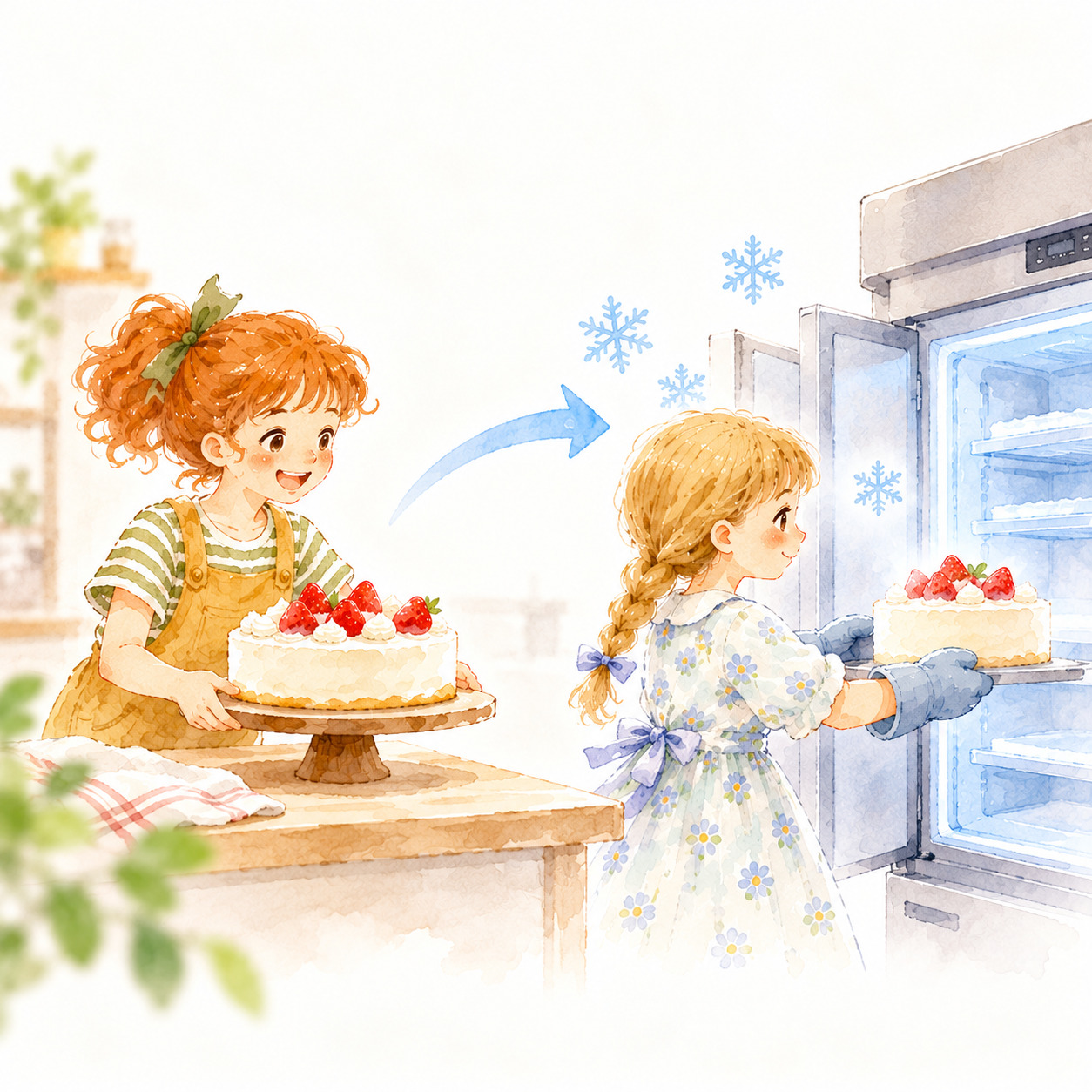 できたてのケーキを冷凍庫へ