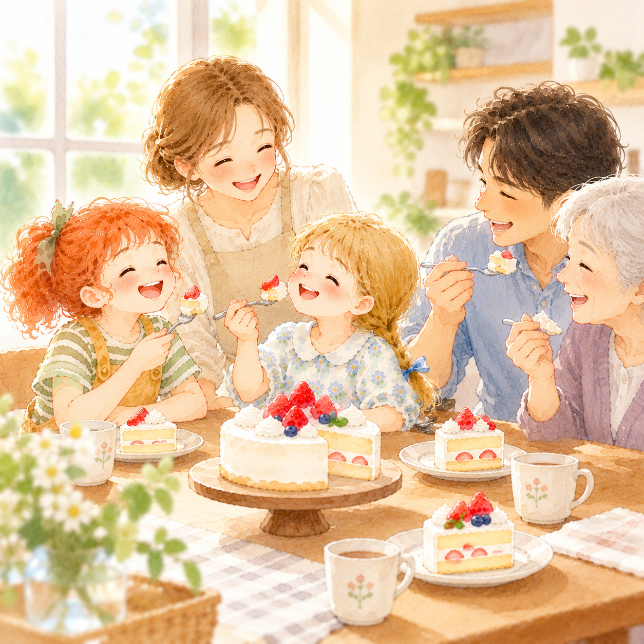 家族でケーキを楽しむ